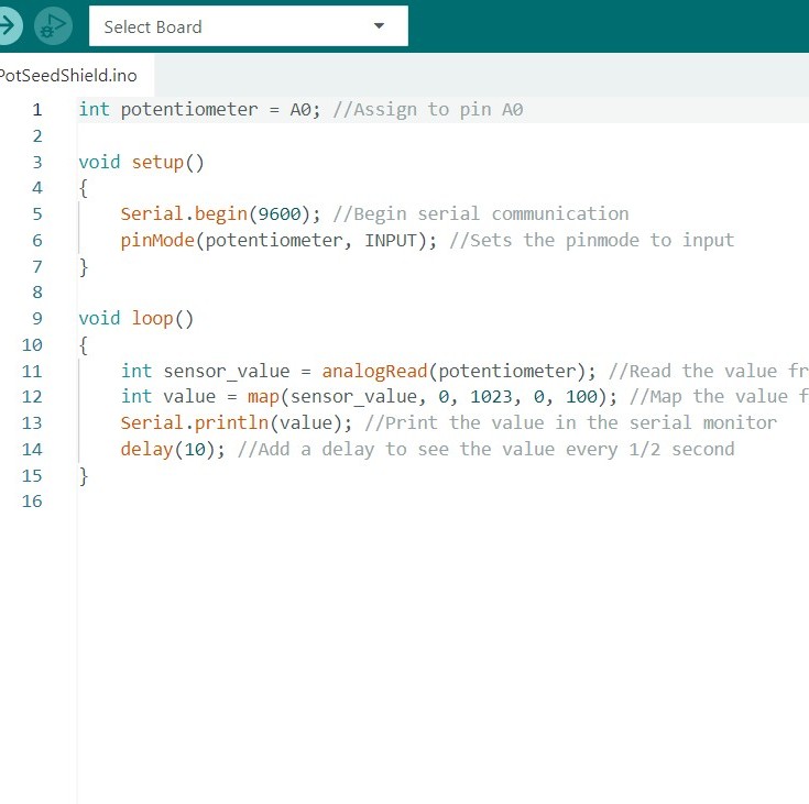 Arduino IDE code for reading dial values tolater be used in TouchDesigner.