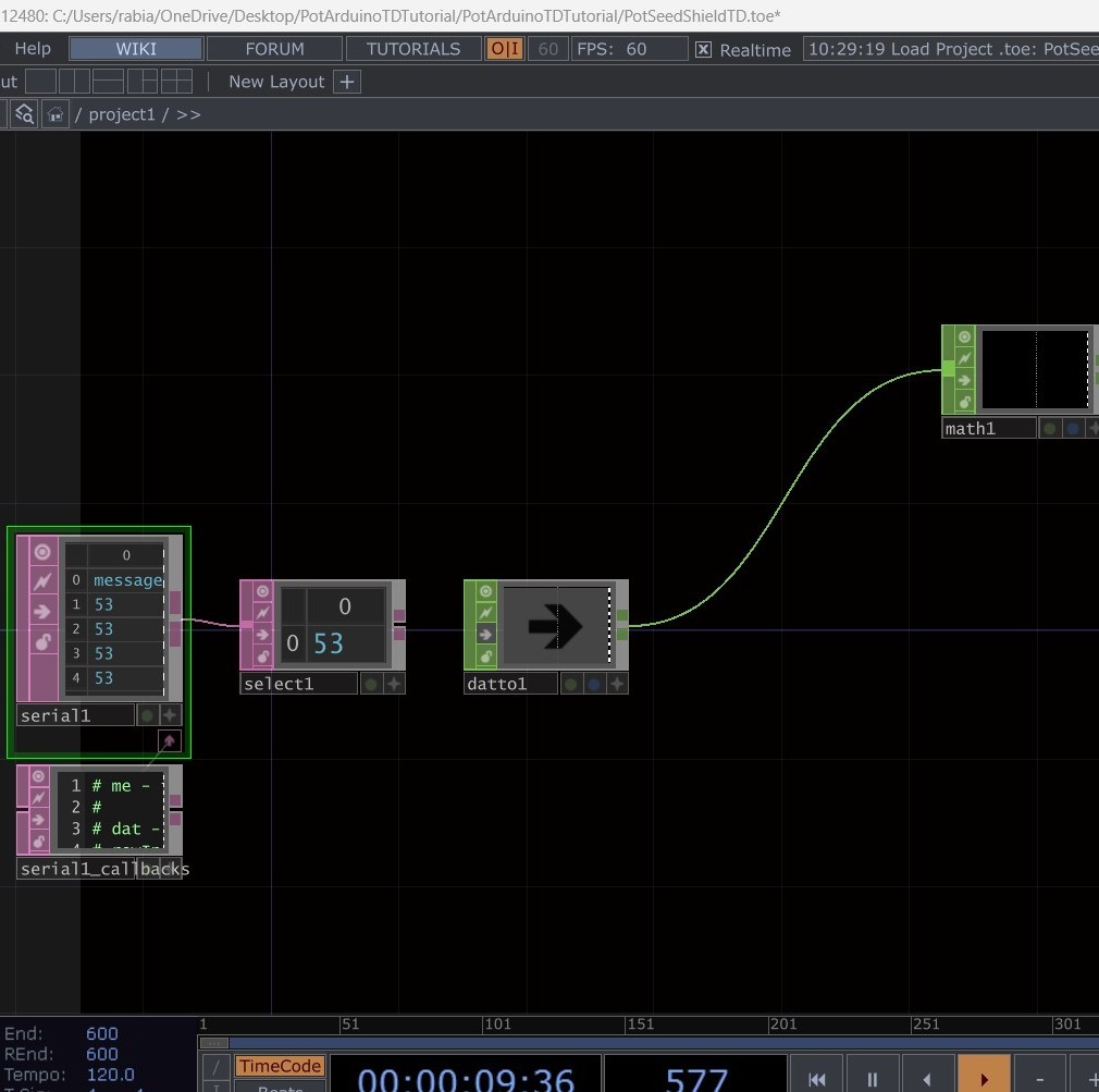 TouchDesigner interface with serial data flow using dial input. Using math/filter nodes for smoothing, scaling, and controlling visuals.